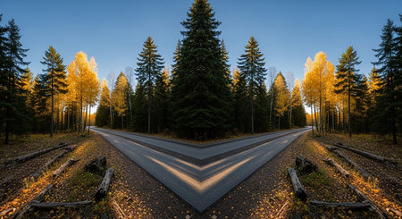 A road splits into two paths through an autumn forest with yellow and green trees, creating a symmetrical reflection.の素材