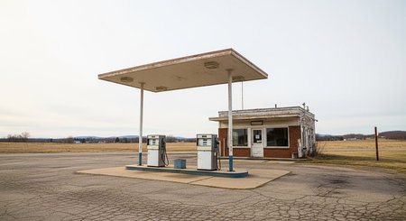 Stock showing an abandoned, weathered gas station with two vintage pumps under a faded canopy and a small brick building with boarded windows under...の素材