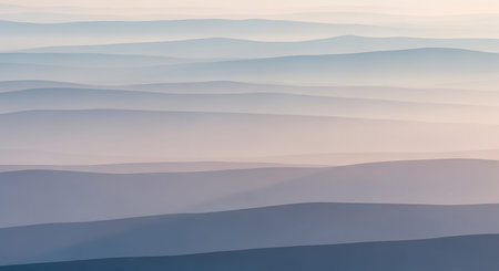 Softly layered hazy hills in shades of blue and pink create an abstract landscape Clear details and vibrant co...の素材