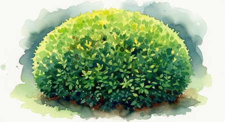 Soft showing a round, dense green bush is depicted in a watercolor style with soft washes of green and yellow, set against a white background with...の素材