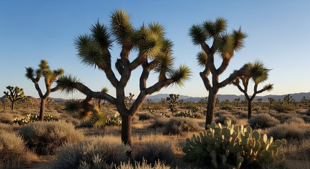 Iconic Joshua trees and various desert plants are bathed in warm golden light under a clear blue sky during sunset in an arid landscape.の素材
