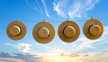 Blue showing four woven straw sun hats with black bands are suspended on a clothesline with wooden clothespins against a bright blue sky with wispy...の素材