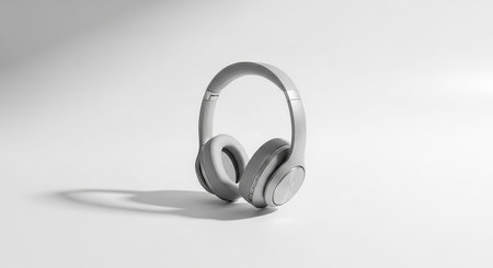 Minimalist showing modern gray wireless headphones with shadow on white background keywords: headphones,...の素材