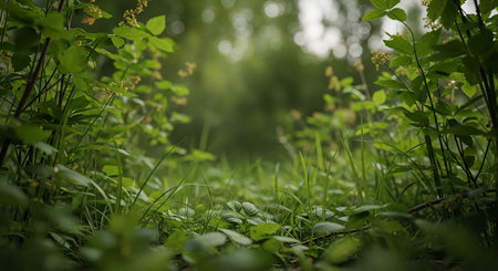 A low-angle view of a vibrant forest floor, with lush green grass and leaves in sharp focus, leading to a soft, blurred background of sunlight...の素材