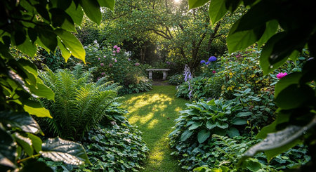 A sun-dappled garden path winds through lush greenery, with a stone bench visible in the distance, framed by dense leaves and vibrant flowers.の素材