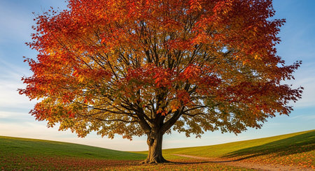 showing maple tree in full autumn splendor with vibrant red orange and yellow leaves against a clear blue sky. resolutionの素材