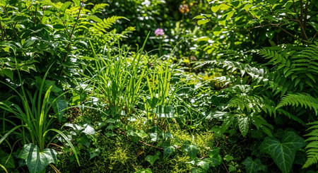 An overgrown forest floor teeming with lush green ferns, creeping ivy, and tall grasses, illuminated by dappled sunlight creating a rich, natural...の素材