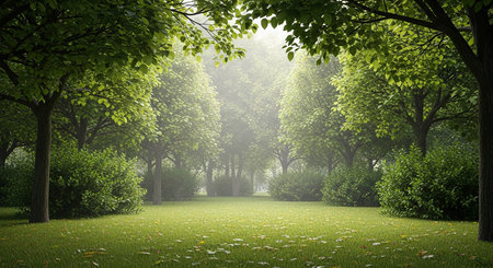 A serene park landscape featuring a lush green lawn, trees, and bushes, with soft morning mist creating a tranquil atmosphere.の素材
