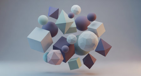 A collection of pastel colored 3D geometric shapes floating in soft light. Clear details and vibrant colors en...の素材