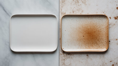 Clean white plate beside a speckled ceramic plate on contrasting marble and concrete backgroundsの素材