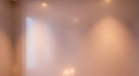 A muted pink wall is softly illuminated, creating gentle reflections and a serene atmosphere.の素材