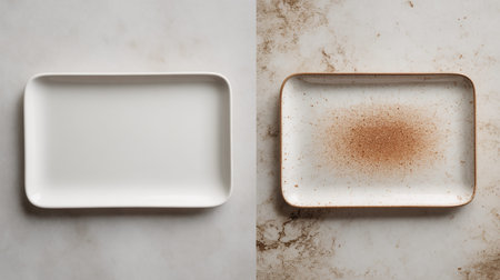 Clean white plate beside a speckled ceramic plate on contrasting marble and concrete backgroundsの素材