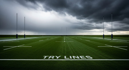 A green rugby field with white try lines and goalposts under a dark, stormy sky filled with dramatic clouds.の素材