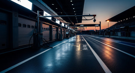 Track showing race track pit lane at sunset with garage doors and reflective wet surface. resolution use.の素材