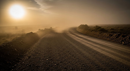 Dusty dirt road winding through an arid landscape with the sun low in the hazy skyの素材