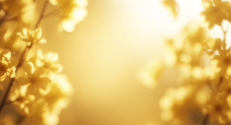 Soft focus yellow flowers bathed in warm golden sunlight, creating a dreamy bokeh effect with a gentle, diffused glow.の素材