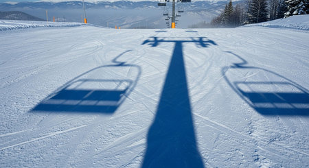 Bright showing shadows of empty ski lift chairs stretch across a groomed ski slope on a bright sunny day with snow-covered mountains in the...の素材
