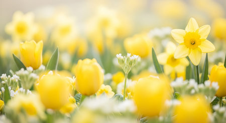 A soft focus of a field filled with bright yellow daffodils and delicate white primroses, creating a gentle spring atmosphere.の素材