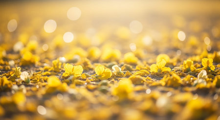 A close-up view of bright yellow flower petals and small blossoms scattered on the ground, illuminated by soft sunlight and bokeh.の素材