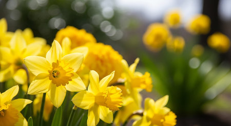 Bright showing vibrant yellow daffodils blooming in spring sunlight with soft bokeh background and green foliage keywords: daffodils, yellow,...の素材