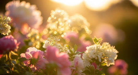 Soft focus pink and white flowers are illuminated by warm golden sunlight, creating a dreamy bokeh effect and lens flare in this serene garden scene.の素材