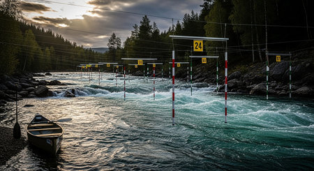 Poles showing whitewater river with slalom gates and a canoe on the rocky shore under dramatic cloudy skies keywords: river, whitewater, rapids,...の素材