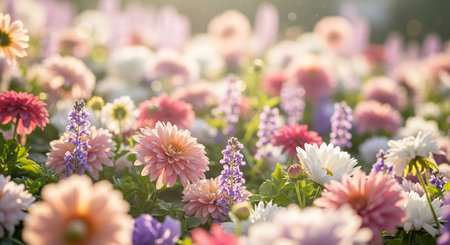 A vibrant field of colorful flowers including pink, white, and purple blossoms bathed in soft sunlight, with a blurred bokeh background and green stems.の素材