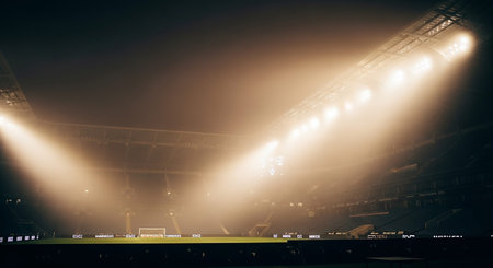 Bright stadium floodlights cut through the fog, illuminating a vast football stadium with empty seating and a dark, atmospheric scene.の素材