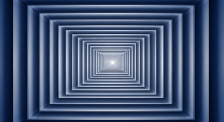 A symmetrical abstract pattern of receding blue squares with metallic ribbed edges creating an illusion of infinite depth and a bright white light...の素材