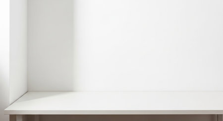 Window showing minimalist white corner with shelf and soft shadow from window light. resolution use.の素材