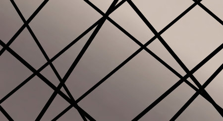 An abstract geometric composition with sharp black lines intersecting across a smooth gradient background of muted grey and beige tones.の素材