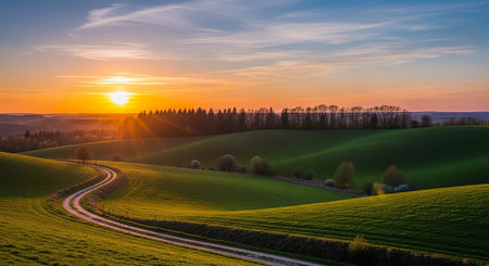 Agricultural showing winding dirt road through rolling green hills at sunset with golden sun rays and a distant forest keywords: rolling hills,...の素材