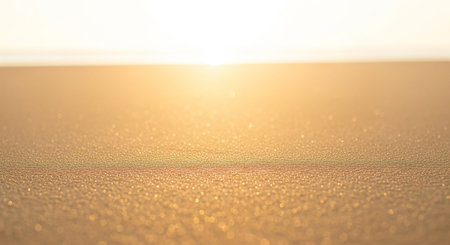 Sand showing close-up abstract view of golden sand with tiny sparkling water droplets reflecting bright sunlight and creating bokeh effects.の素材