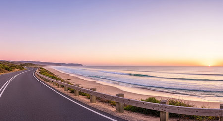 An empty asphalt road with a wooden barrier runs alongside a sandy beach and the ocean at sunrise, with a soft pastel sky in the background.の素材