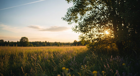 Golden hour sunlight filters through a tree onto a meadow of tall grass and wildflowers, creating a warm and serene atmosphere.の素材