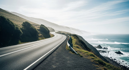 A winding asphalt road with white lines follows a green, grassy cliffside overlooking the vast blue ocean with distant misty mountains.の素材