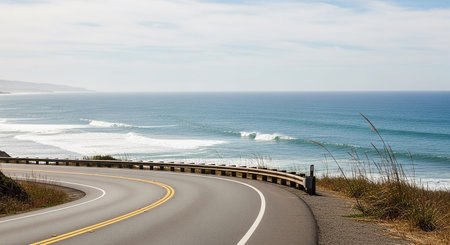 A winding asphalt highway with yellow double lines curves along a cliff edge, overlooking the vast blue ocean with gentle waves breaking near the shore.の素材