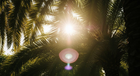 Stock showing sunlight shining through palm tree leaves creating lens flares and bright glare. resolution use.の素材