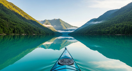 Under showing kayak moving through a serene turquoise lake surrounded by lush green mountains and misty peaks at sunrise keywords: kayak, lake,...の素材