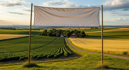 Poles showing blank white banner stretched between wooden poles in a scenic rural landscape with fields and farms keywords: banner, blank, white,...の素材