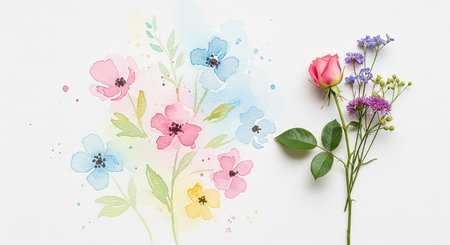 A soft watercolor painting of various delicate flowers in pink, blue, and yellow hues is placed next to a single pink rose with green leaves on a...の素材