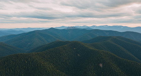An aerial perspective reveals layered green forested mountain ranges stretching towards a cloudy, overcast sky, showcasing natural beauty.の素材