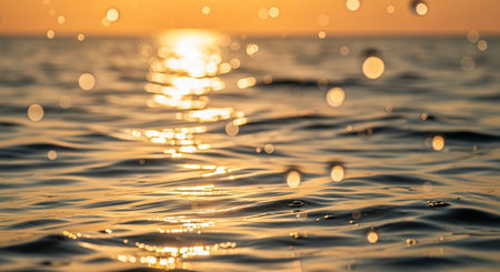 Reflecting showing close-up of rippling ocean water with bright sunlight reflecting and creating bokeh effects. resolutionの素材