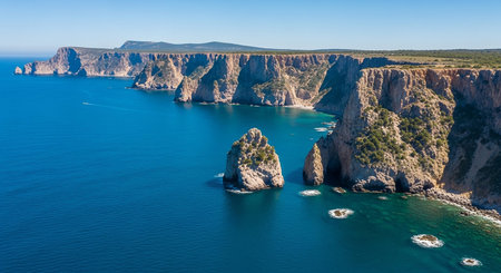 Towering, rugged cliffs plunge into the deep blue ocean, with a prominent rock stack offshore under a clear, bright sky.の素材