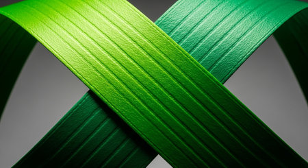 An abstract close-up two textured green bands intersecting to form an X shape, with a smooth gradient of light and dark green colors.の素材