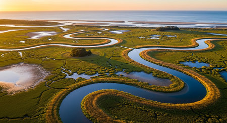 An aerial perspective captures a serpentine river meandering through lush green marshlands under a warm sunset glow, meeting the tranquil ocean.の素材