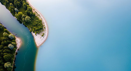 Aerial perspective a vibrant turquoise river winding through dense green forest, merging with a large expanse of calm, light blue water.の素材