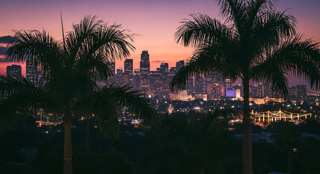 A city skyline at dusk is framed by silhouetted palm trees, with a vibrant purple and orange twilight sky above the illuminated urban landscape.の素材