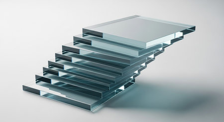 Stack showing stack of clear glass sheets on white background. High resolution image suitable for commercial use.の素材