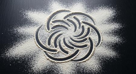 A swirling, symmetrical pattern is created with white flour dusted on a dark slate surface.の素材